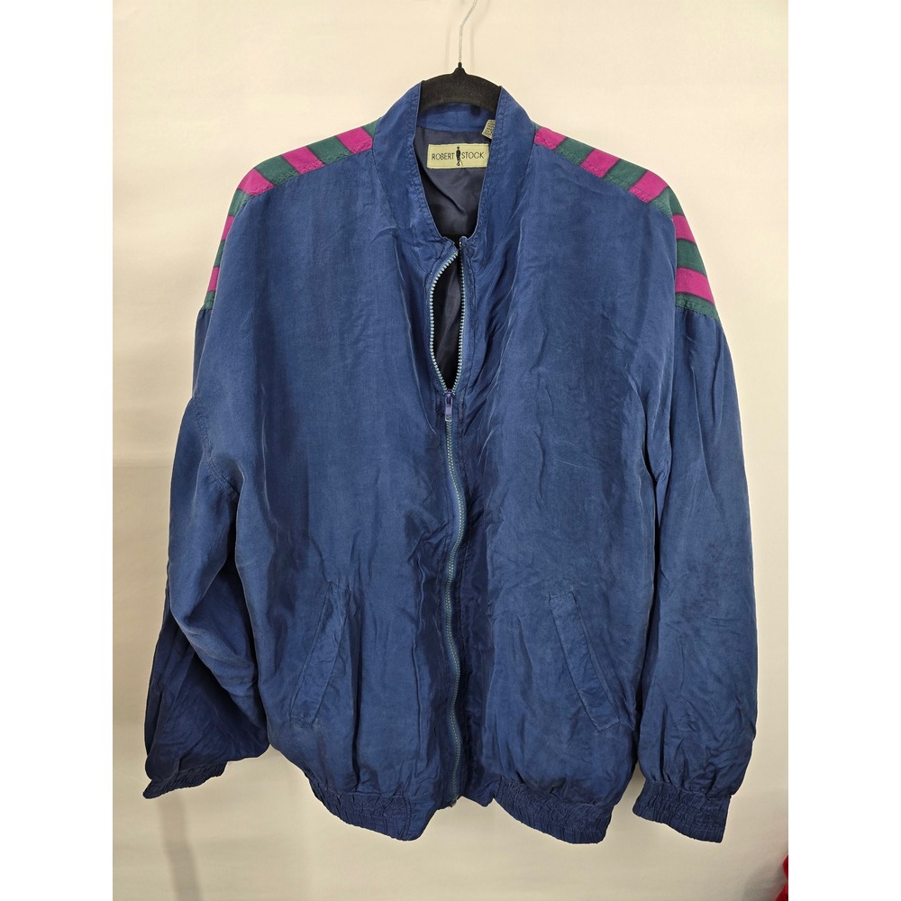 Vintage Robert Stock Silk Bomber Jacket Blue Baseball Stamp Graphic Mens Large